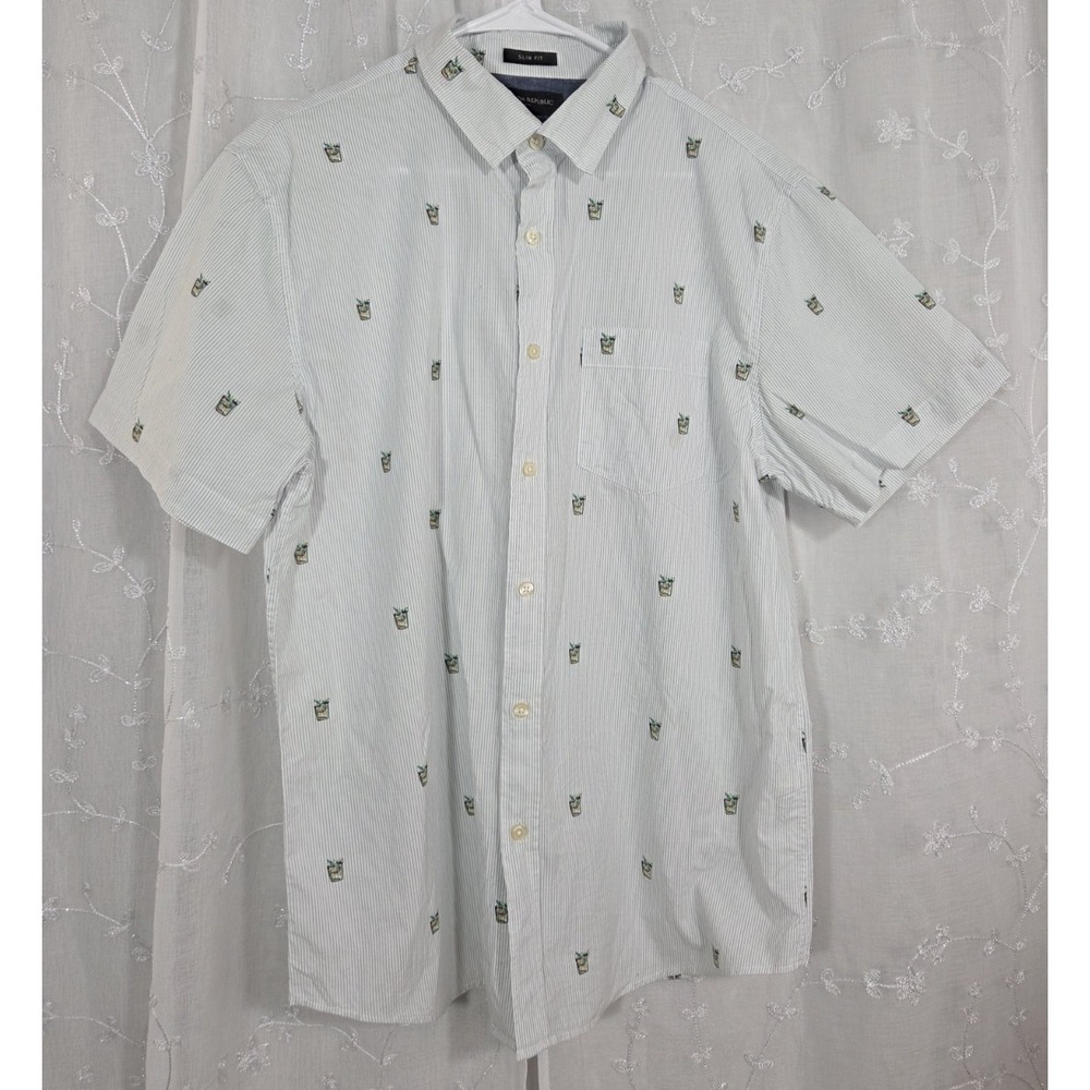 Banana Republic Slim Fit Short sleeve Button Shirt Stripes Succulent Plant L‎